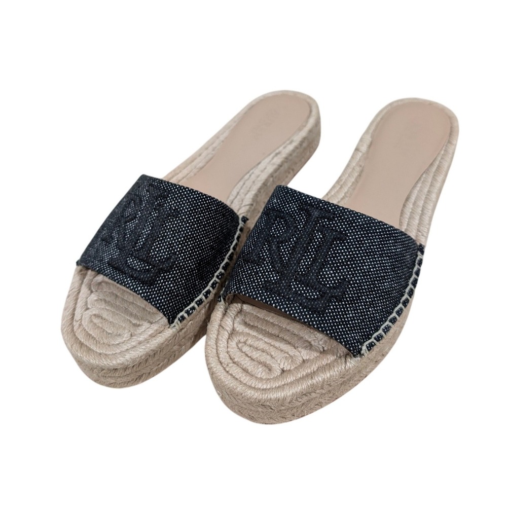 Lauren Ralph Lauren Polly Logo 2 Espadrille Slide Sandals‎ Natural Black 7B NIB